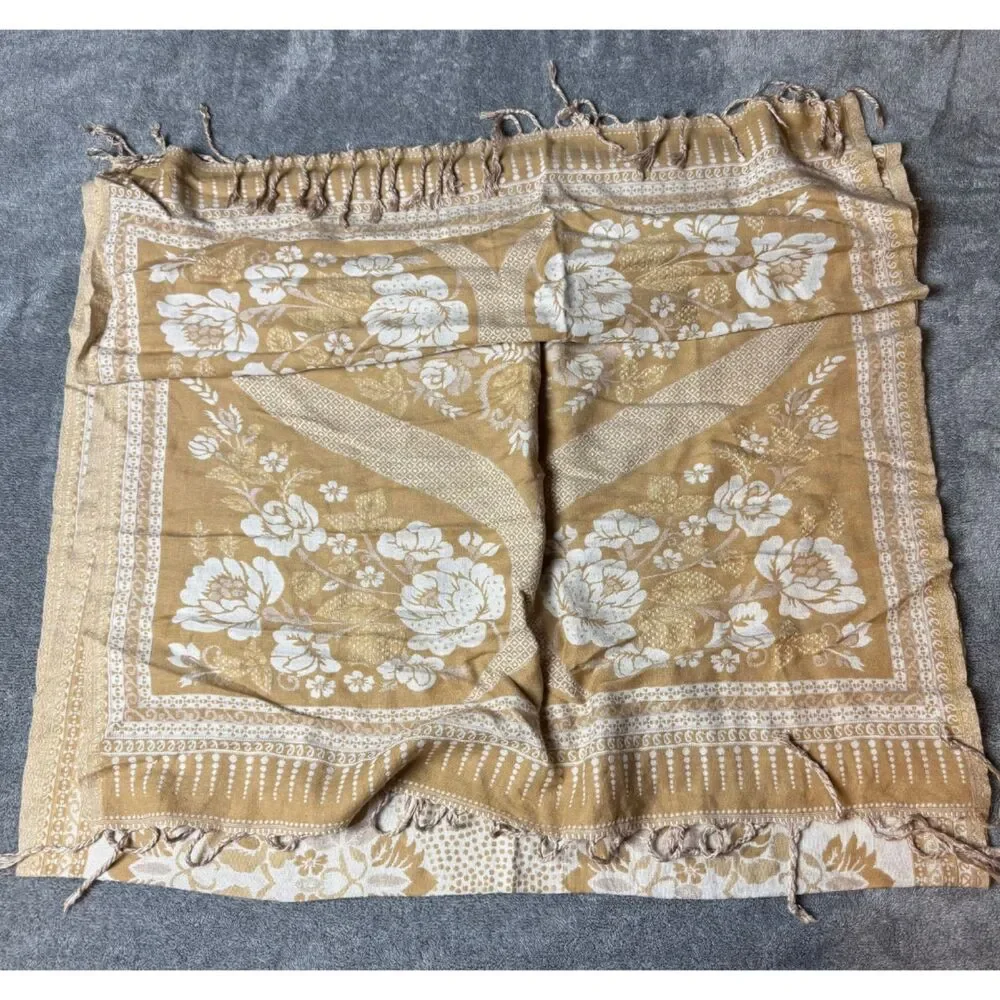 Vintage Beige Cream Floral Jacquard Fringe Scarf Shawl Wrap Boho Elegant